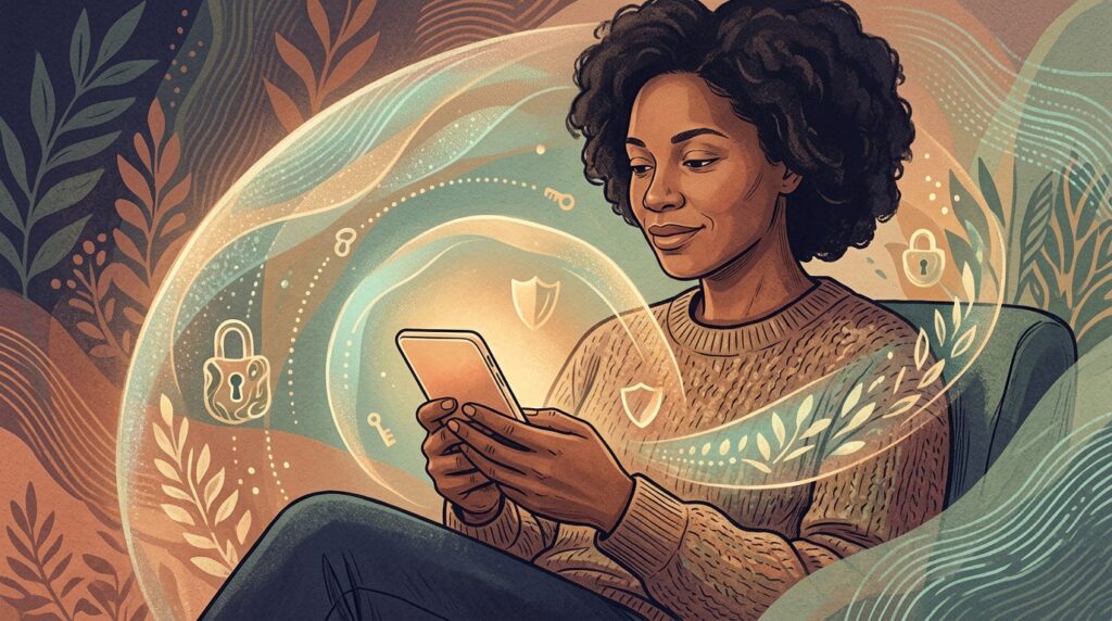 Woman holding phone with privacy shield